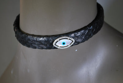 RDrox™ Lexi Black Python Choker With Mother of Pearl Evil Eye